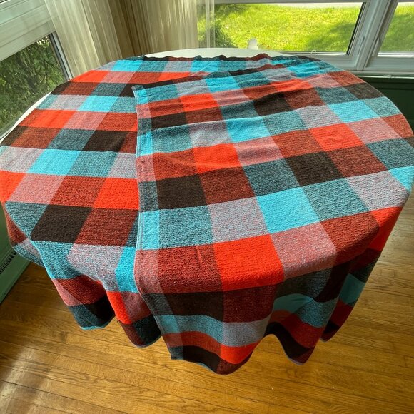 Vintage 80s curtains, bold blue, red, black plaid, pair of rod header panels - Picture 4 of 9